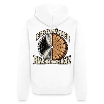echte Männer riachn noch Hoiz - riechen nach Holz - Unisex Premium Bio Zip Hoodie - Weiß - Hinten - Thijin (182cm)