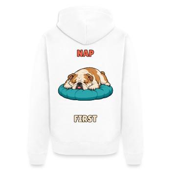 Erster Mittagsschlaf – Schläfriger englischer Bulldogge - Unisex Premium Bio Zip Hoodie - Weiß - Hinten - Thijin (182cm)