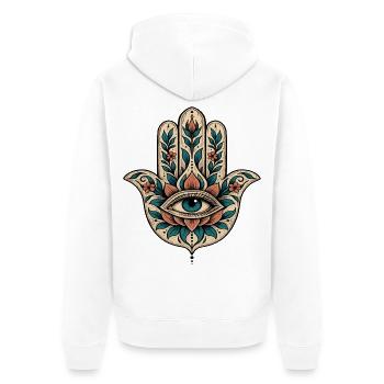 Blaue Blumen-Hamsa-Zentralauge, Hand von Fatima - Unisex Premium Bio Zip Hoodie - Weiß - Hinten - Thijin (182cm)