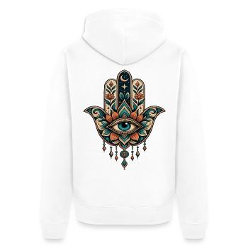 Florale Hamsa mit zentralem Auge Hand von Fatima - Unisex Premium Bio Zip Hoodie - Weiß - Hinten - Thijin (182cm)