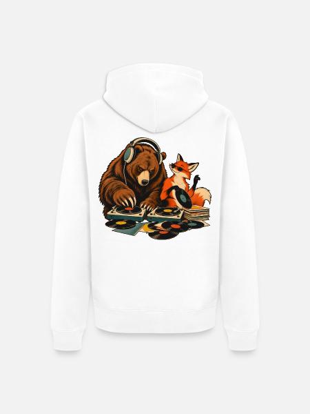 Bär & Fuchs als Vinyl DJs – Musikduo - Unisex Premium Bio Zip Hoodie - Weiß