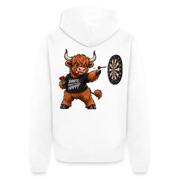 Highland Cattle beim Dart – Lustiges Schottlandmot - Unisex Premium Bio Zip Hoodie - Weiß - Hinten - Thijin (182cm)
