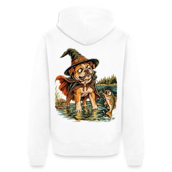 Halloween Bulldogge Hexenhut Angelhund für Angler - Unisex Premium Bio Zip Hoodie - Weiß - Hinten - Thijin (182cm)