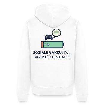 Sozialer Akku 1% – Dabei! - Unisex Premium Bio Zip Hoodie - Weiß - Hinten - Thijin (182cm)