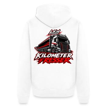 LKW Fohra - Kilometer Fresser, LKW Fahrer - Unisex Premium Bio Zip Hoodie - Weiß - Hinten - Thijin (182cm)