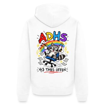 ADHS | 47 Tabs offen Waschbär Chaos - Unisex Premium Bio Zip Hoodie - Weiß - Hinten - Thijin (182cm)