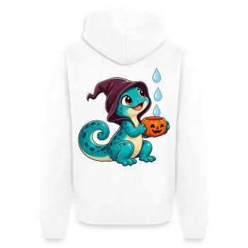 Kuscheldino Halloween Kürbis - Unisex Premium Bio Zip Hoodie - Weiß - Hinten - Thijin (182cm)