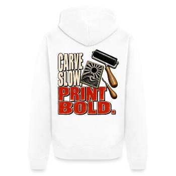 Schneide langsam. Drucke fett. - Unisex Premium Bio Zip Hoodie - Weiß - Hinten - Thijin (182cm)