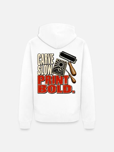 Schneide langsam. Drucke fett. - Unisex Premium Bio Zip Hoodie - Weiß