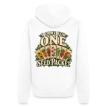 Ich bin wegen einer Saatgutpackung gekommen - Unisex Premium Bio Zip Hoodie - Weiß - Hinten - Thijin (182cm)