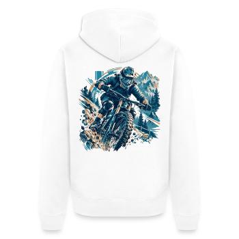 Vollgas Mountainbike – Spüre das Adrenalin! - Unisex Premium Bio Zip Hoodie - Weiß - Hinten - Thijin (182cm)