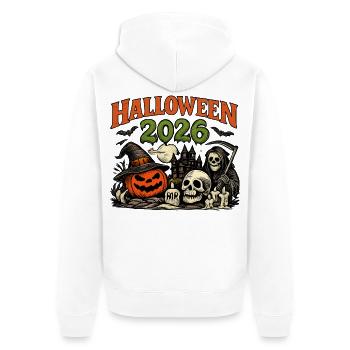 Halloween 2026 Kürbis und Skelette - Unisex Premium Bio Zip Hoodie - Weiß - Hinten - Thijin (182cm)