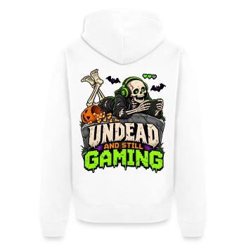 Untot und Gaming: Skeletter mit Headset - Unisex Premium Bio Zip Hoodie - Weiß - Hinten - Thijin (182cm)