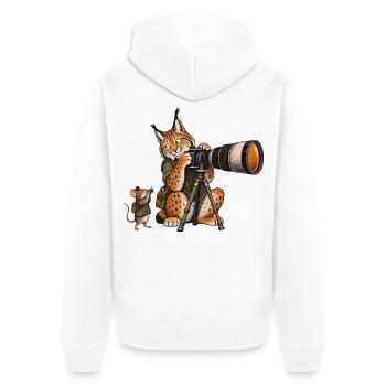 Luchs & Maus beim Fotografieren – Wald & Outdoor - Unisex Premium Bio Zip Hoodie - Weiß - Hinten - Thijin (182cm)