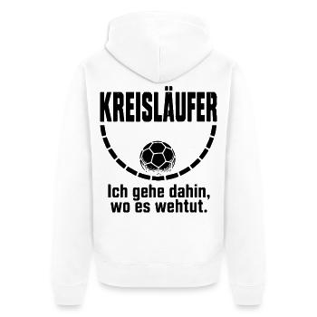 Kreisläufer Handball Shirt – Wo es wehtut - Unisex Premium Bio Zip Hoodie - Weiß - Hinten - Thijin (182cm)