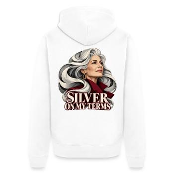 Porträt einer Frau mit silbernem Haar - Unisex Premium Bio Zip Hoodie - Weiß - Hinten - Thijin (182cm)