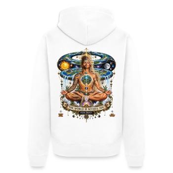 2637 3YE DEPT – DIE WELT IST IN DIR - Unisex Premium Bio Zip Hoodie - Weiß - Hinten - Thijin (182cm)