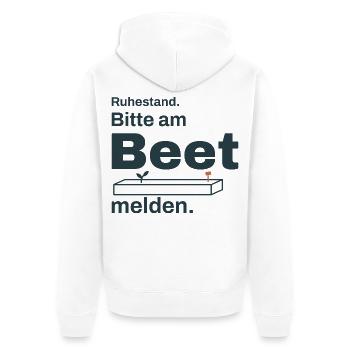 Ruhestand – Bitte am Beet melden - Unisex Premium Bio Zip Hoodie - Weiß - Hinten - Thijin (182cm)