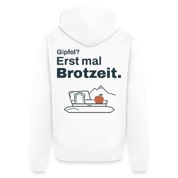 Gipfel? Erst mal Brotzeit – Wandern - Unisex Premium Bio Zip Hoodie - Weiß - Hinten - Thijin (182cm)