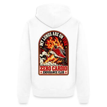 Meine Lungen brennen – Zero Cardio Endurance Club - Unisex Premium Bio Zip Hoodie - Weiß - Hinten - Thijin (182cm)