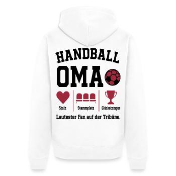 Fan Oma Handball – Stammplatz auf der Tribüne - Unisex Premium Bio Zip Hoodie - Weiß - Hinten - Thijin (182cm)