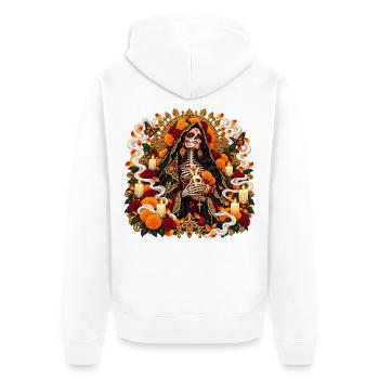 Santa Muerte im Blütenlicht - Unisex Premium Bio Zip Hoodie - Weiß - Hinten - Thijin (182cm)
