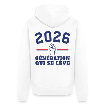 Aufstieg der Generation 2026 - Unisex Premium Bio Zip Hoodie - Weiß - Hinten - Thijin (182cm)
