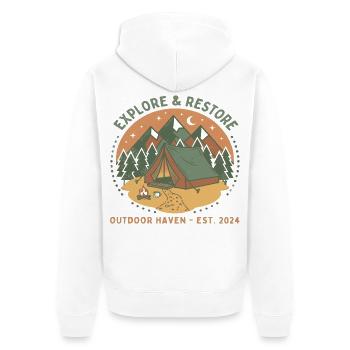 Entdecken & Ausruhen: Outdoor Zelt - Unisex Premium Bio Zip Hoodie - Weiß - Hinten - Thijin (182cm)