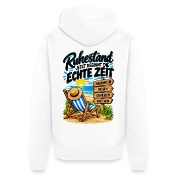 Ruhestand: Echte Zeit am Strand - Unisex Premium Bio Zip Hoodie - Weiß - Hinten - Thijin (182cm)