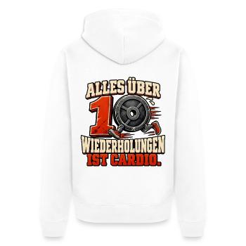 Alles über zehn ist cardio - Kraftsport  - Unisex Premium Bio Zip Hoodie - Weiß - Hinten - Thijin (182cm)