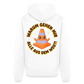 Pylon Spruch: Warum gehen mir alle aus dem Weg - Unisex Premium Bio Zip Hoodie - Weiß - Hinten - Thijin (182cm)
