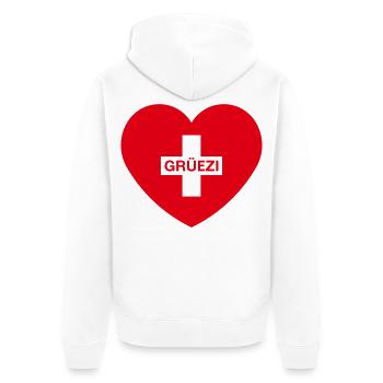 Grüezi (Herz / Schweizerkreuz / Schweiz / 1C) - Unisex Premium Bio Zip Hoodie - Weiß - Hinten - Thijin (182cm)