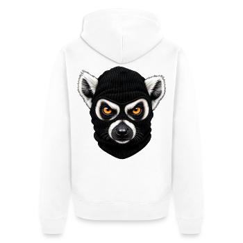 Katta mit Sturmhaube – Frecher Lemur - Unisex Premium Bio Zip Hoodie - Weiß - Hinten - Thijin (182cm)