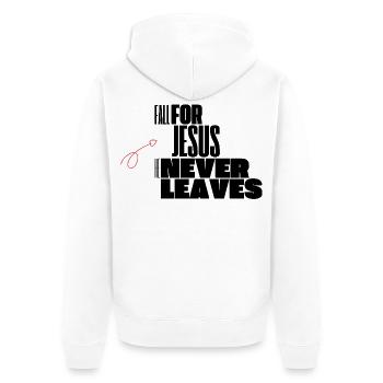 Verliebt euch in Jesus, er verlässt ihn niemals - Unisex Premium Bio Zip Hoodie - Weiß - Hinten - Thijin (182cm)