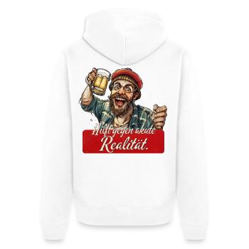 Hilft gegen akute Realität – Bier Humor - Unisex Premium Bio Zip Hoodie - Weiß - Hinten - Thijin (182cm)
