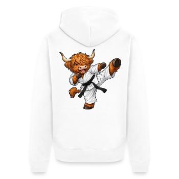 Highland Cattle beim Karate – Kuh mit Kampfgeist - Unisex Premium Bio Zip Hoodie - Weiß - Hinten - Thijin (182cm)