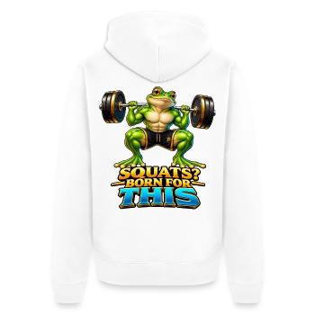 Kniebeugen? Dafür geboren – Muscle Frog - Unisex Premium Bio Zip Hoodie - Weiß - Hinten - Thijin (182cm)