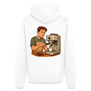 Geschenk für neue Hobby-Baristas mit Siebträger - Unisex Premium Bio Zip Hoodie - Weiß - Hinten - Thijin (182cm)