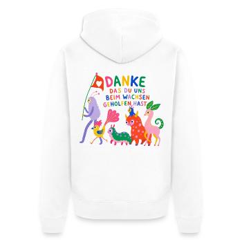 DANKE DAS DU UNS BEIM WACHSEN GEHOLFEN - Unisex Premium Bio Zip Hoodie - Weiß - Hinten - Thijin (182cm)
