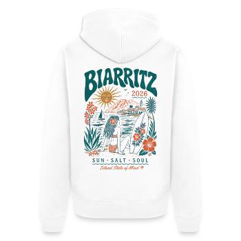 Biarritz 2026 Surf Insel Vibes - Unisex Premium Bio Zip Hoodie - Weiß - Hinten - Thijin (182cm)