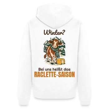 Winter? Bei uns heißt das Raclette-Saison - Unisex Premium Bio Zip Hoodie - Weiß - Hinten - Thijin (182cm)