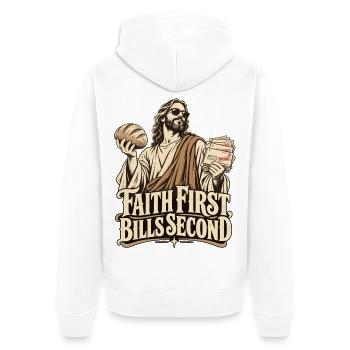 Lustiger Vater Christian Dad First Bills Second - Unisex Premium Bio Zip Hoodie - Weiß - Hinten - Thijin (182cm)