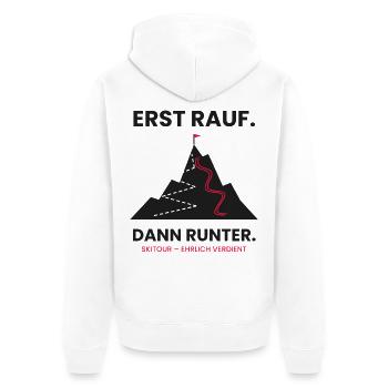 Erst rauf, dann runter | Skitour - Unisex Premium Bio Zip Hoodie - Weiß - Hinten - Thijin (182cm)