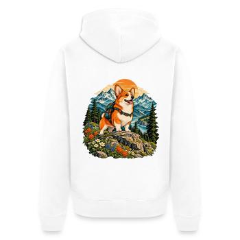 Wandernder Corgi im Bergwald - Unisex Premium Bio Zip Hoodie - Weiß - Hinten - Thijin (182cm)