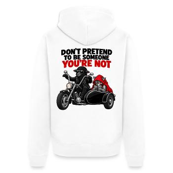 Schwarzes Schaf auf einem Motorrad und Wolf - Unisex Premium Bio Zip Hoodie - Weiß - Hinten - Thijin (182cm)