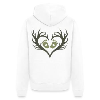 Baby-Jäger | Baby-Fußspuren und Geweihe - Unisex Premium Bio Zip Hoodie - Weiß - Hinten - Thijin (182cm)