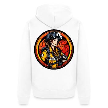 Feuerwehrfrau mit Helm und Flammen - Unisex Premium Bio Zip Hoodie - Weiß - Hinten - Thijin (182cm)