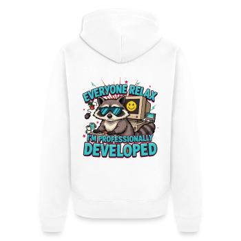 Alle entspannt sich, ich bin professionell entwickelt, schräg - Unisex Premium Bio Zip Hoodie - Weiß - Hinten - Thijin (182cm)
