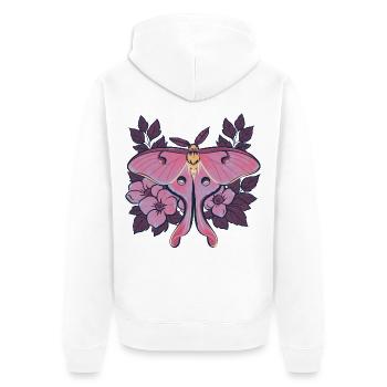 Pink Moon Moth im Blumenrahmen - Unisex Premium Bio Zip Hoodie - Weiß - Hinten - Thijin (182cm)