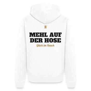 Mehl auf der Hose, Glück im Bauch – Backen - Unisex Premium Bio Zip Hoodie - Weiß - Hinten - Thijin (182cm)